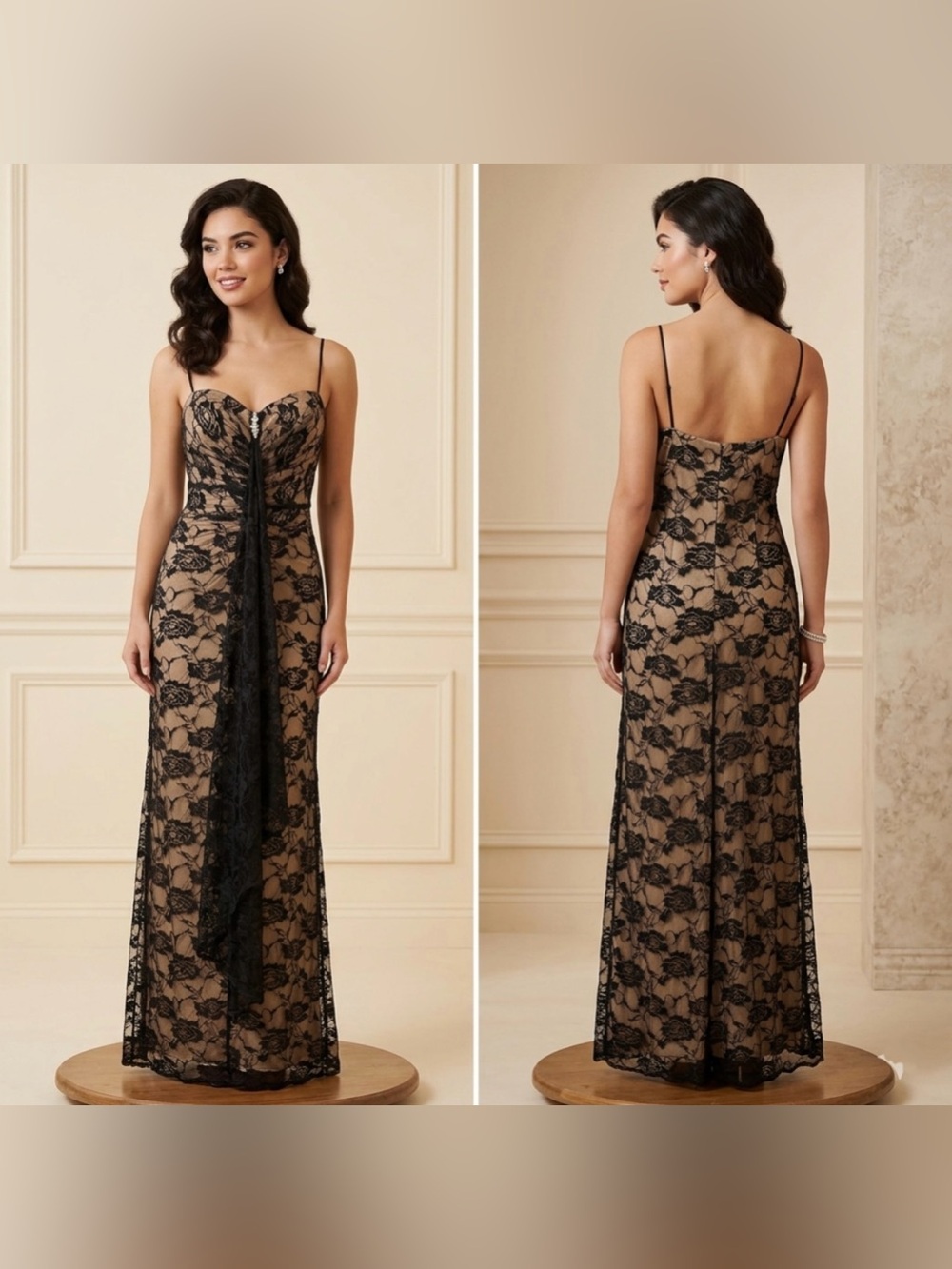 Onyx Nite Women’s L Black Lace Formal Maxi Ruffle Rhinestone Illusion Dress Gown